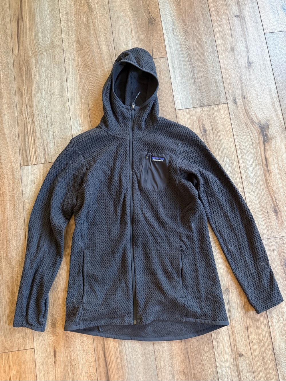 Patagonia Women’s Black Hooded Full-Zip Textured Fleece Jacket